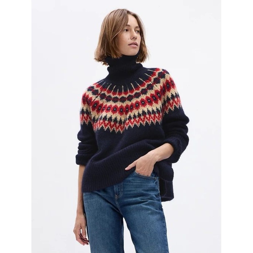 Gap Sweater 24/7 Split-Hem Fair Isle M Navy Blue Turtleneck Nordic Preppy